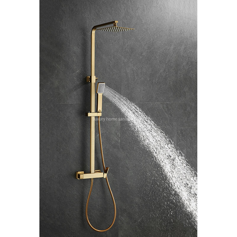 Luxurious Brushed Gold Hot and Cold Shower Set Wall-mounted Full Shower Set Multifunctional Brass square Shower Set factory