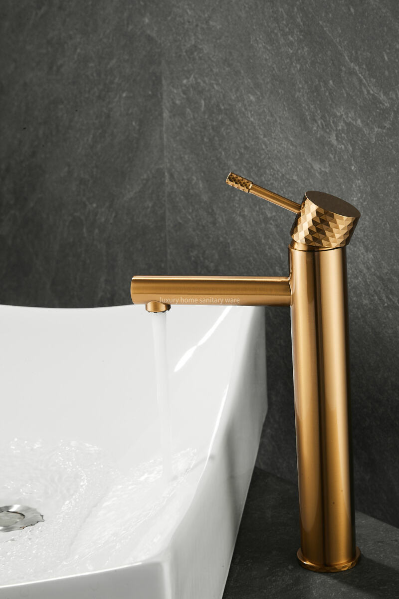 Hot-selling Basin with High Straight Mouth-carved Handle-brushed Gold Bathroom Faucet Hot and Cold Mixer factory