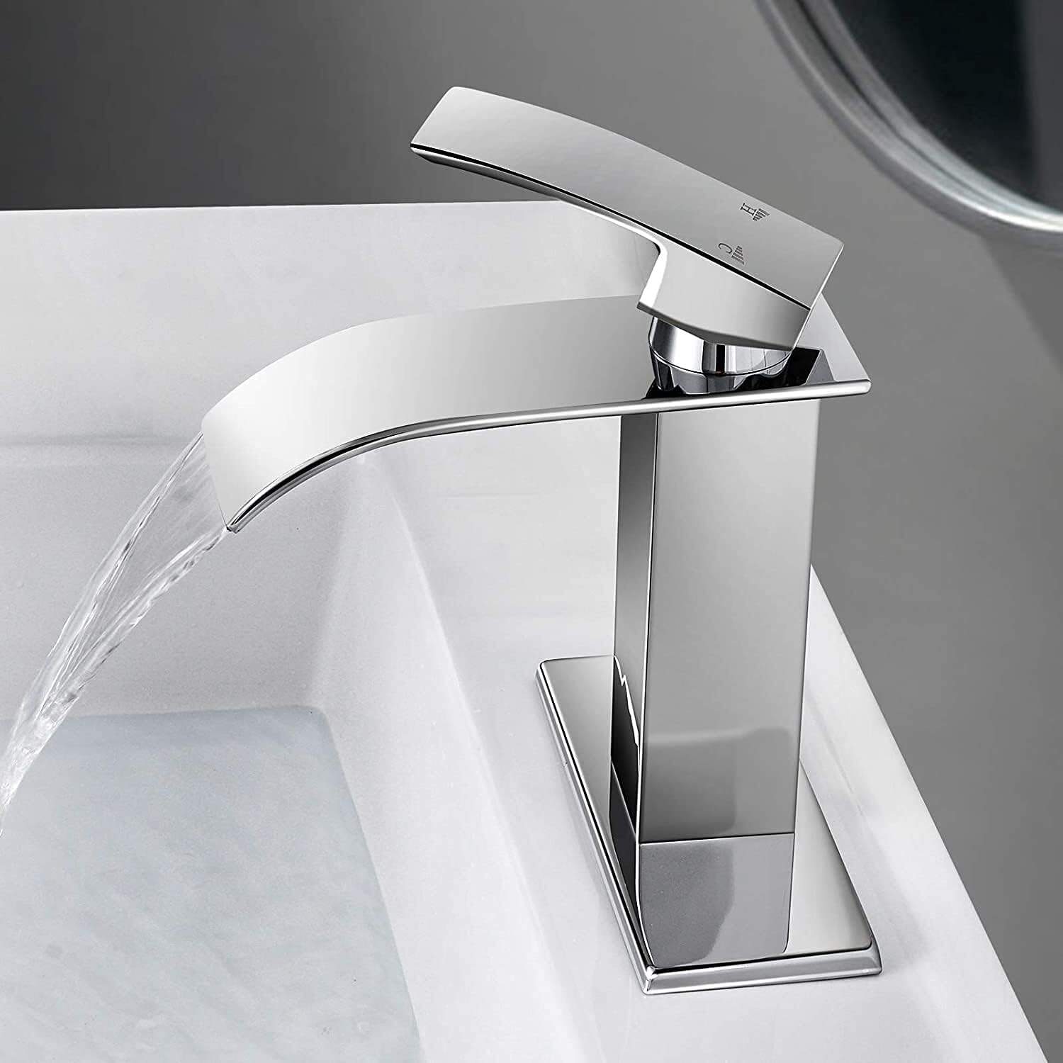 Black Waterfall Spout Bathroom Faucet, Chrome Silver Rv Lavatory Vessel Faucet Suitable for 1 or 3 Holes with 6 Inch Deck Plate details