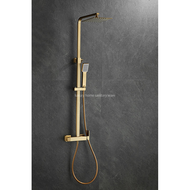 Luxurious Brushed Gold Hot and Cold Shower Set Wall-mounted Full Shower Set Multifunctional Brass square Shower Set manufacture