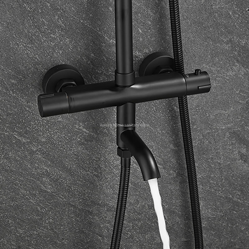 Modern Bathroom Shower Set Simple Black Round bar Constant Temperature Shower Faucet Set manufacture