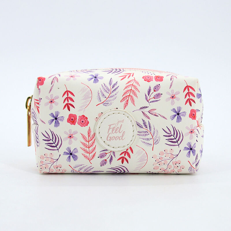 Custom Logo PU Leather Cosmetic Bag Makeup Storage Floral Print Medium Makeup Toilet Bag Organizer with Custom Print details