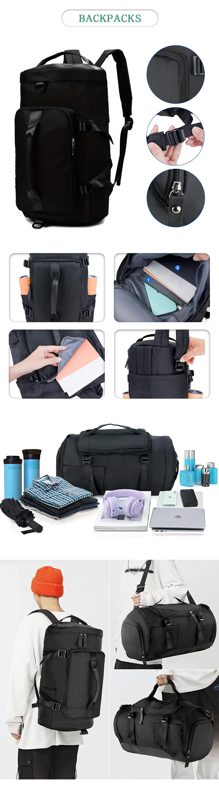 Waterproof PU Weekender Carry on Handbag Overnight Bag Gym Tote Duffle Bag With Shoe Compartment details