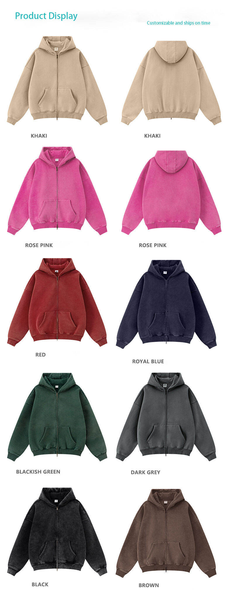 AU Custom Men's Fall/Winter Fleece Hoodie Retro Long Sleeve Zip-Up with Double Zipper Over-sized Fit Dye-Washed Solid Pattern details