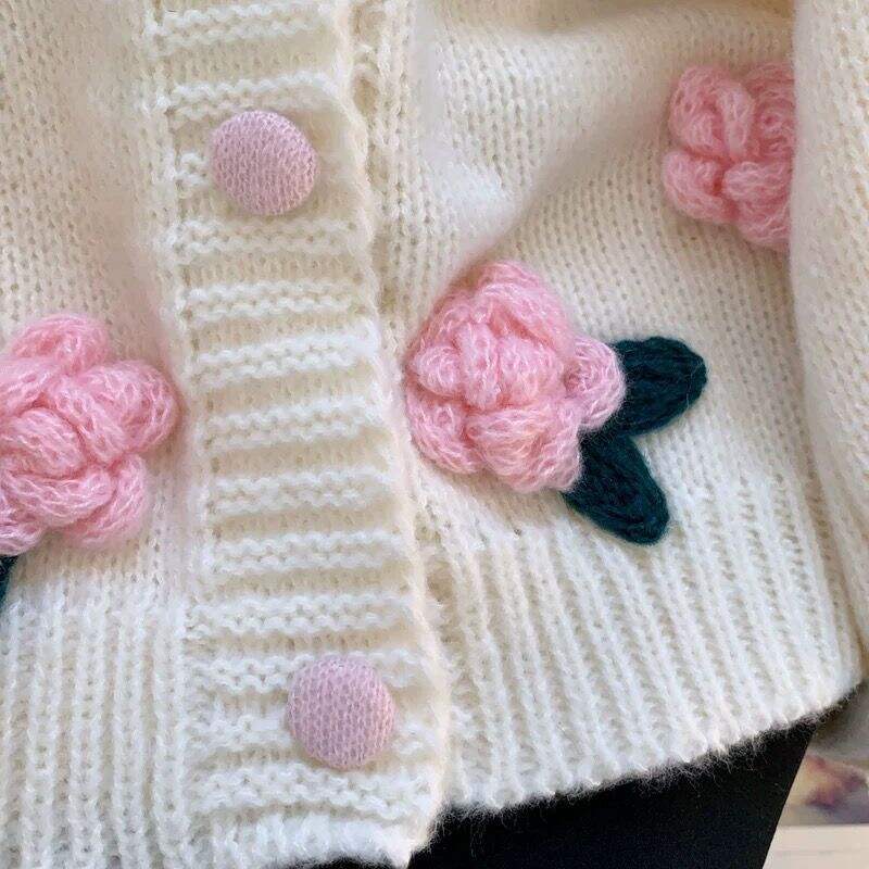Winter Retro Custom Standard Pink Rose Ladies Casual Gift Floral Front Logo Short Knitted Woven Women Cardigan Sweater details
