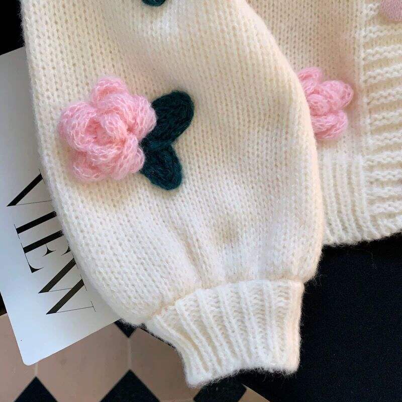 Winter Retro Custom Standard Pink Rose Ladies Casual Gift Floral Front Logo Short Knitted Woven Women Cardigan Sweater details