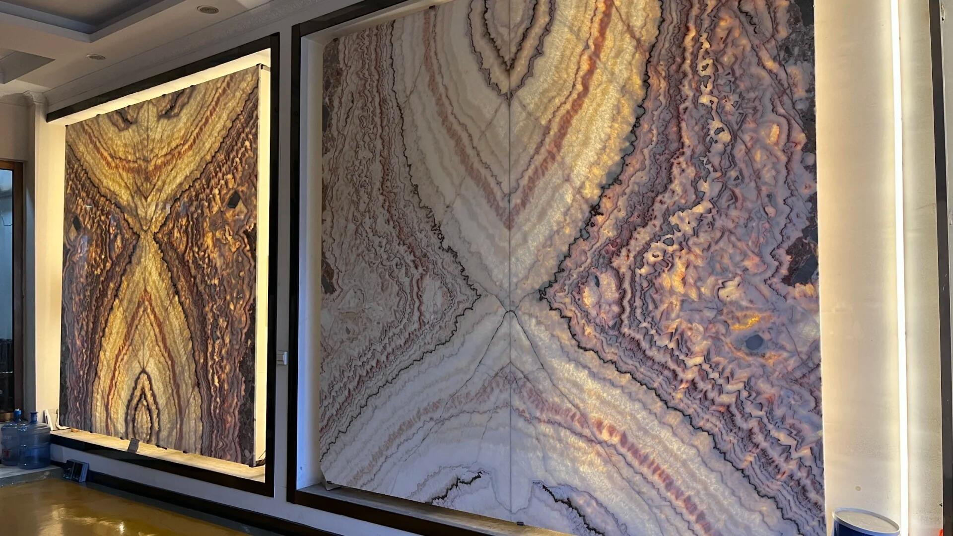 Natural Litchi Patterned Marble and Translucent Backlit Yellow Onyx for Interior Wall and Background Wall Decoration details