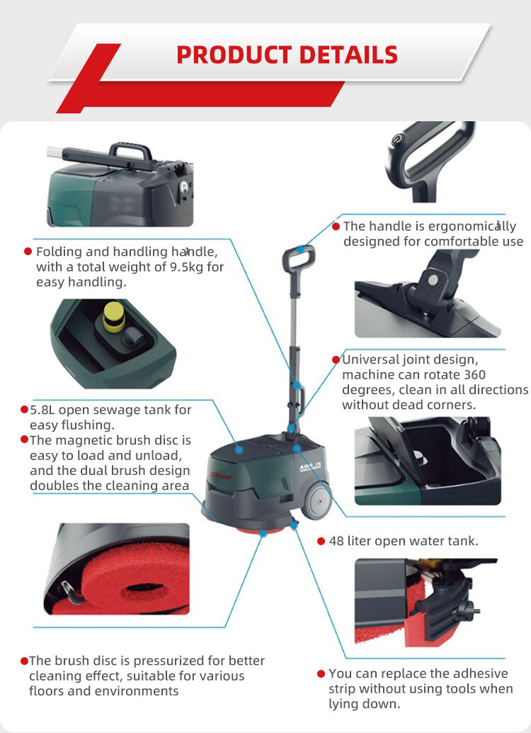 De nieuwe snoerloze schrobmachine, draagbare vloerschrobmachine, mini-vloerschrobmachine, details