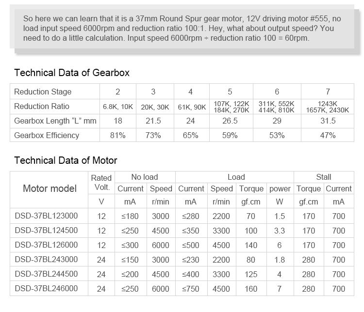 DSD-37RSBL3625 Low Speed Long Life DC Brushless Gear Motor CE RoHS Approved manufacture