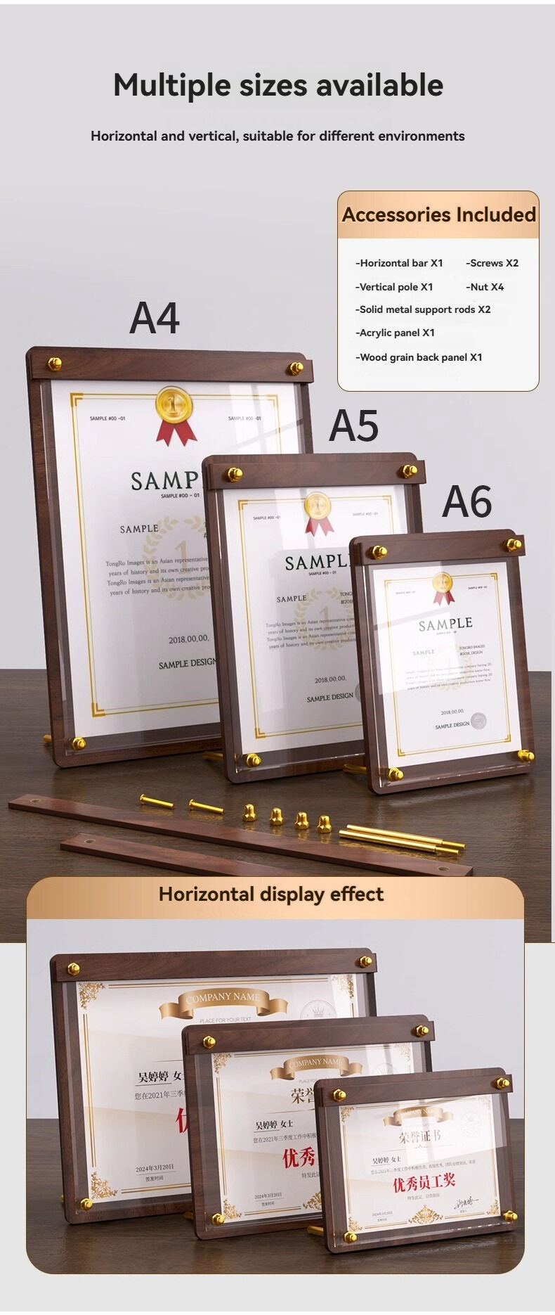Custom Portable Desktop Walnut Wood Certificate Frame with Clear Acrylic Award Frames and Metal Bracket Menu Sign Holder details