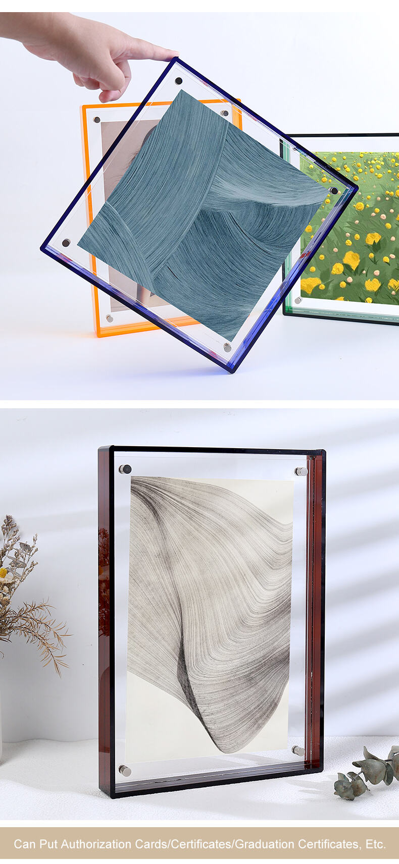 Custom DIY Magnetic for Durable Acrylic Photo Frame Translucent Colored Edges Free Standing Tabletop Display Customizable Sizes factory