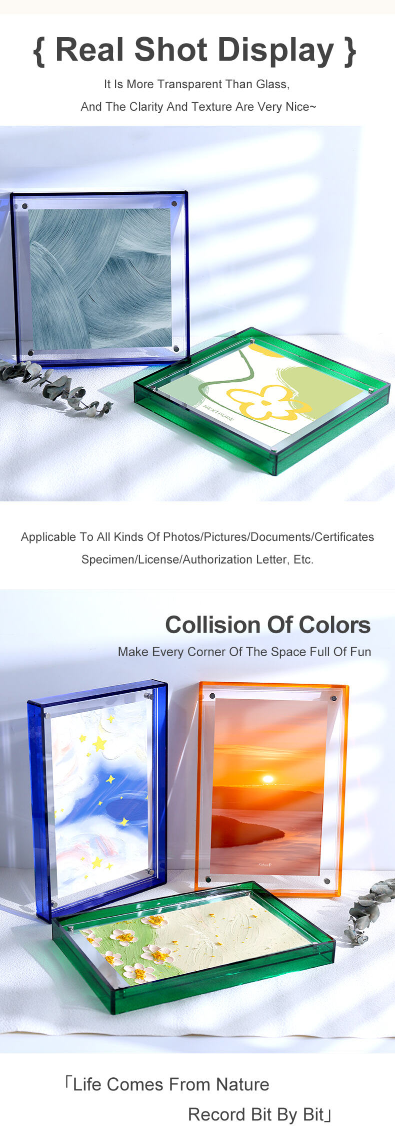 Custom DIY Magnetic for Durable Acrylic Photo Frame Translucent Colored Edges Free Standing Tabletop Display Customizable Sizes factory