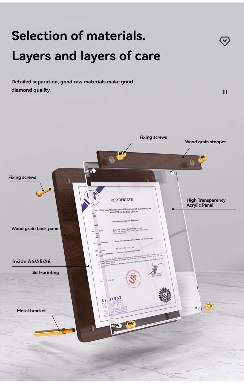 Custom Portable Desktop Walnut Wood Certificate Frame with Clear Acrylic Award Frames and Metal Bracket Menu Sign Holder manufacture
