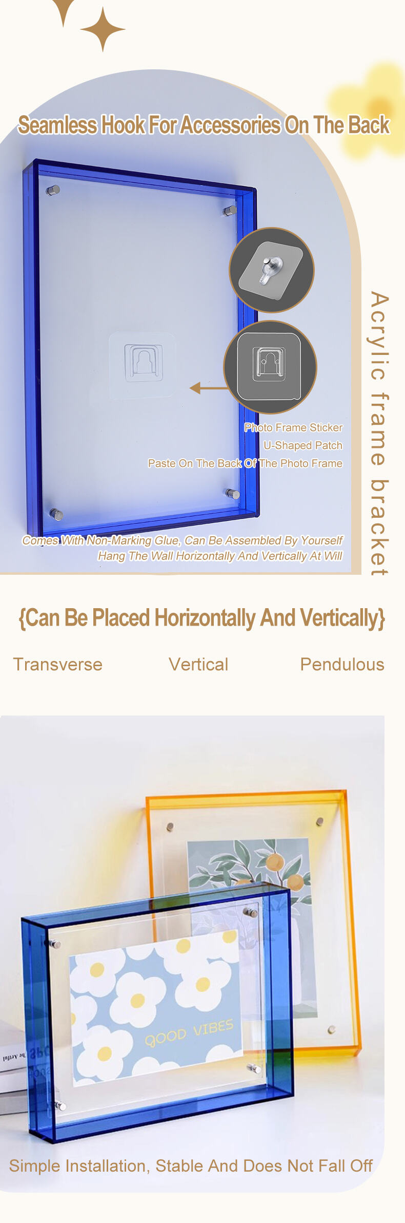 Custom DIY Magnetic for Durable Acrylic Photo Frame Translucent Colored Edges Free Standing Tabletop Display Customizable Sizes supplier