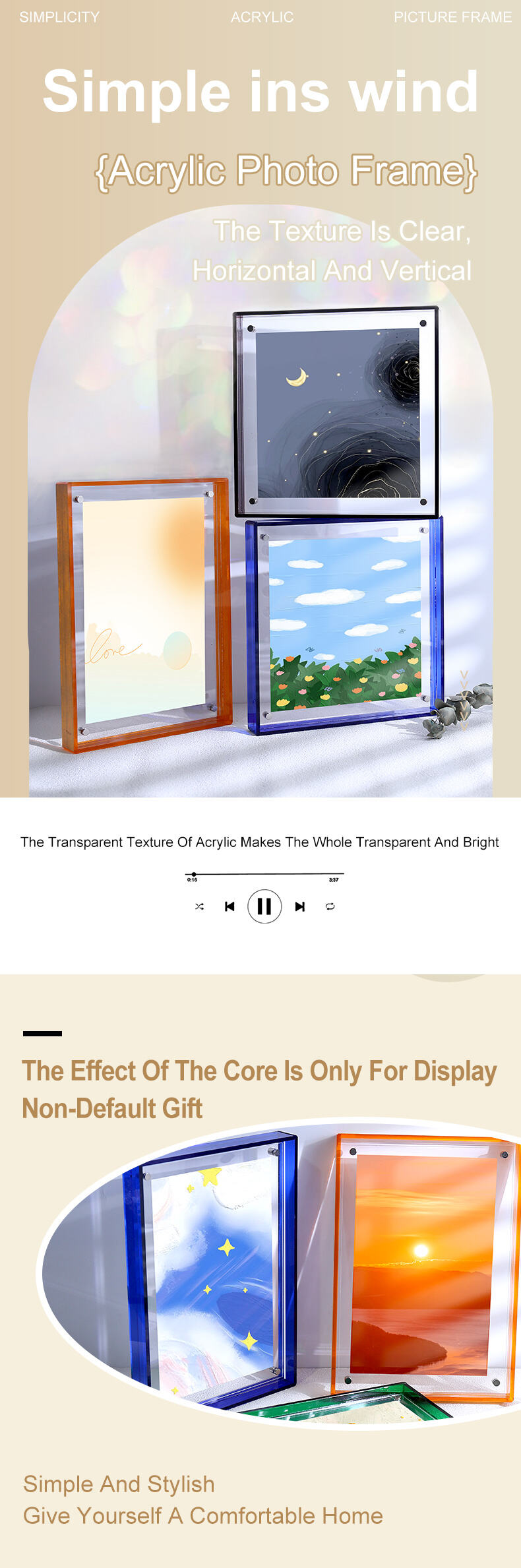 Custom DIY Magnetic for Durable Acrylic Photo Frame Translucent Colored Edges Free Standing Tabletop Display Customizable Sizes factory