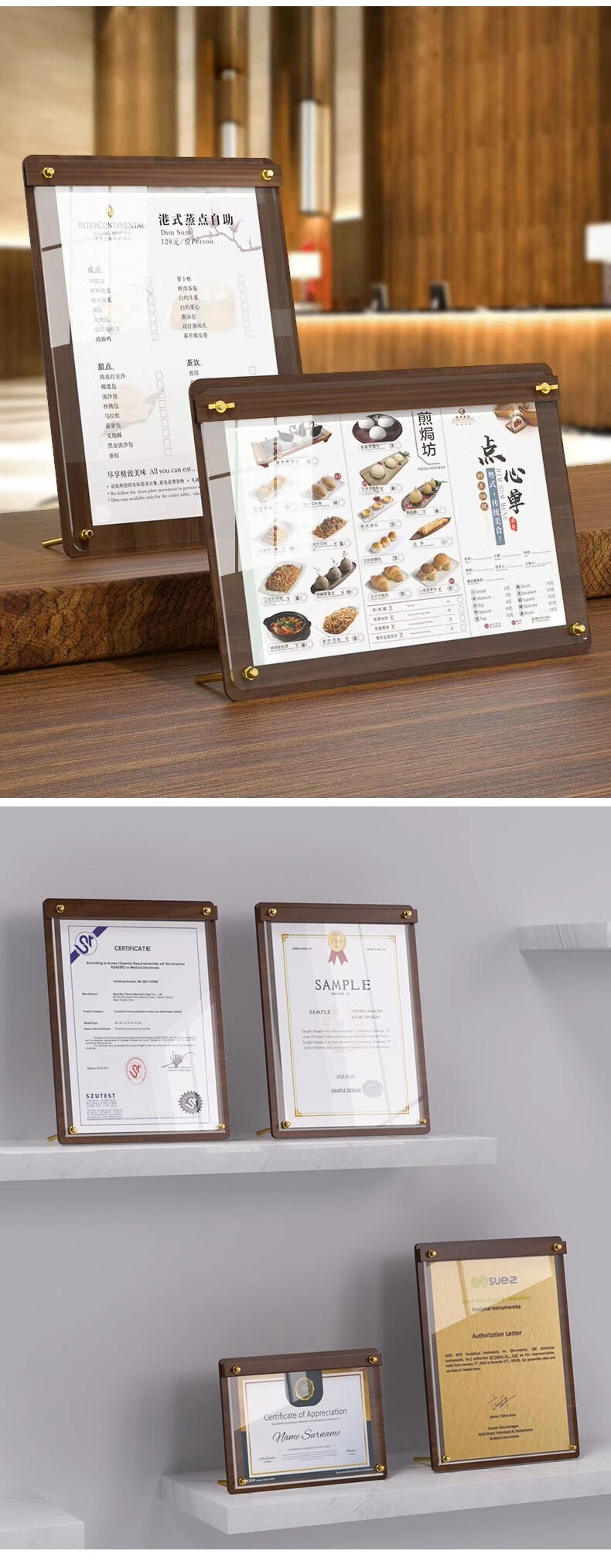 Custom Portable Desktop Walnut Wood Certificate Frame with Clear Acrylic Award Frames and Metal Bracket Menu Sign Holder details