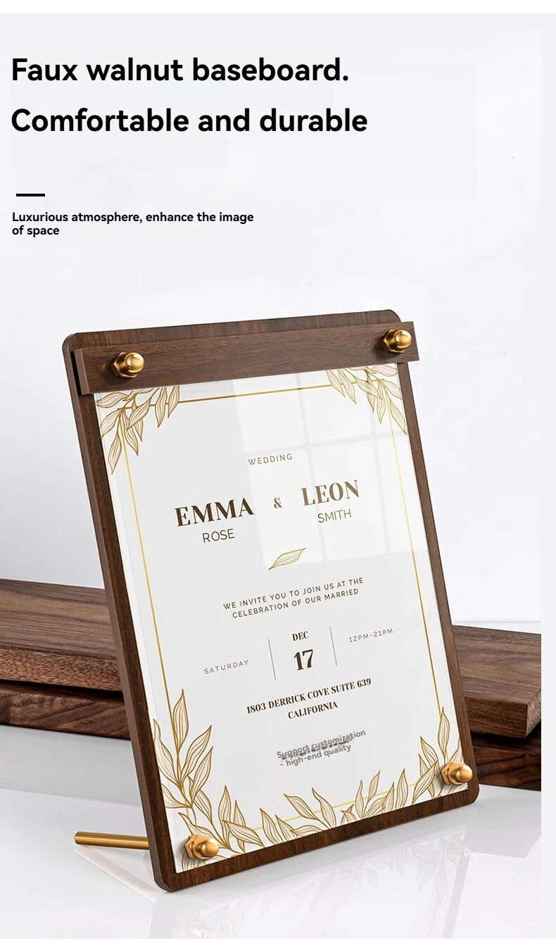 Custom Portable Desktop Walnut Wood Certificate Frame with Clear Acrylic Award Frames and Metal Bracket Menu Sign Holder manufacture