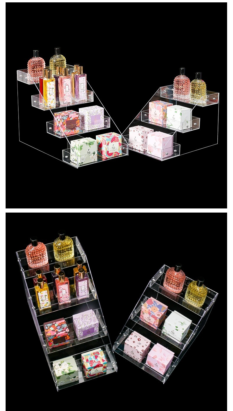 High Transparent Acrylic Perfume Organizer Cosmetics Display Stands Desktop Multi-Layer Trapezoidal Acrylic Display Rack details