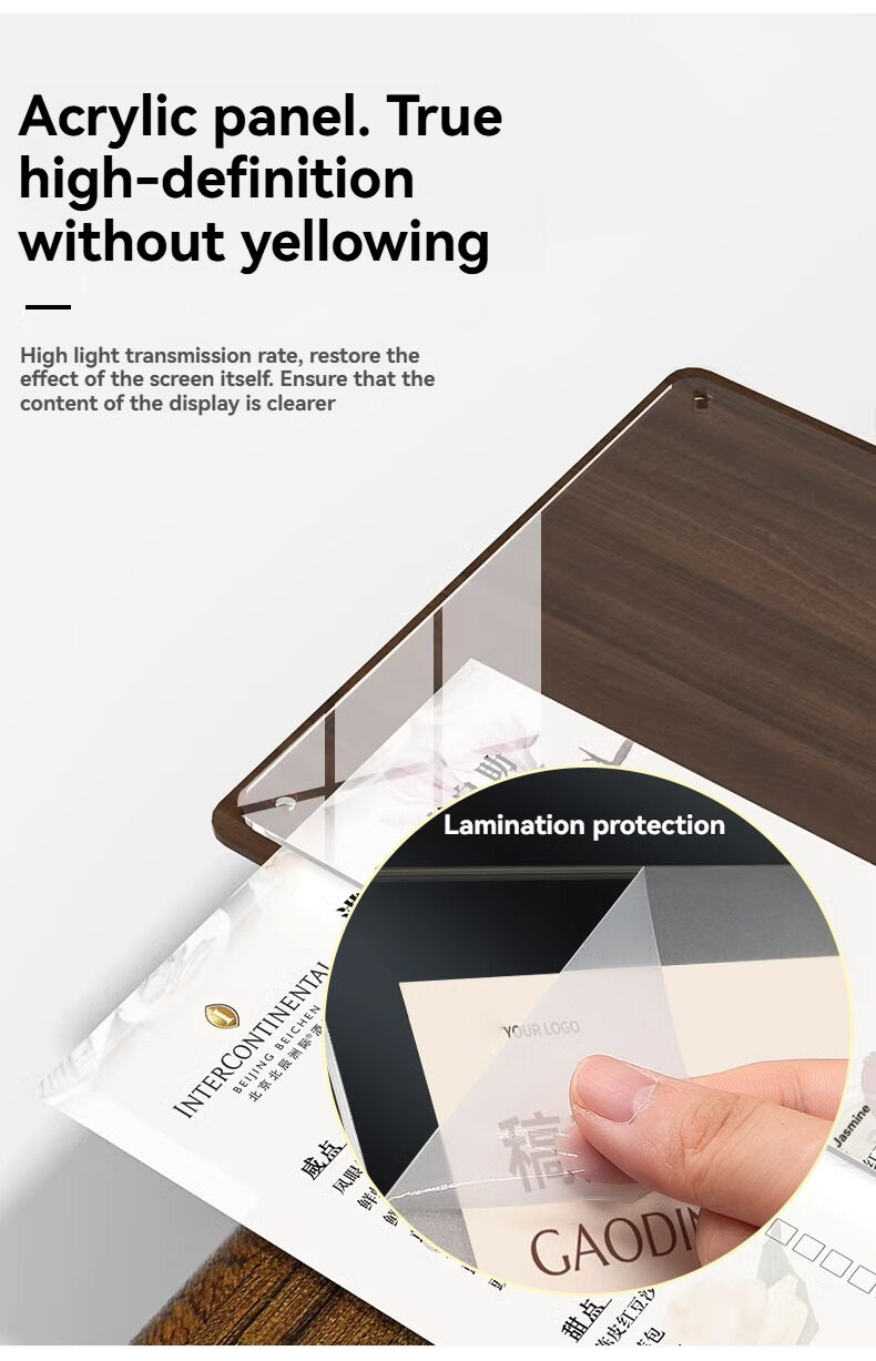 Custom Portable Desktop Walnut Wood Certificate Frame with Clear Acrylic Award Frames and Metal Bracket Menu Sign Holder supplier