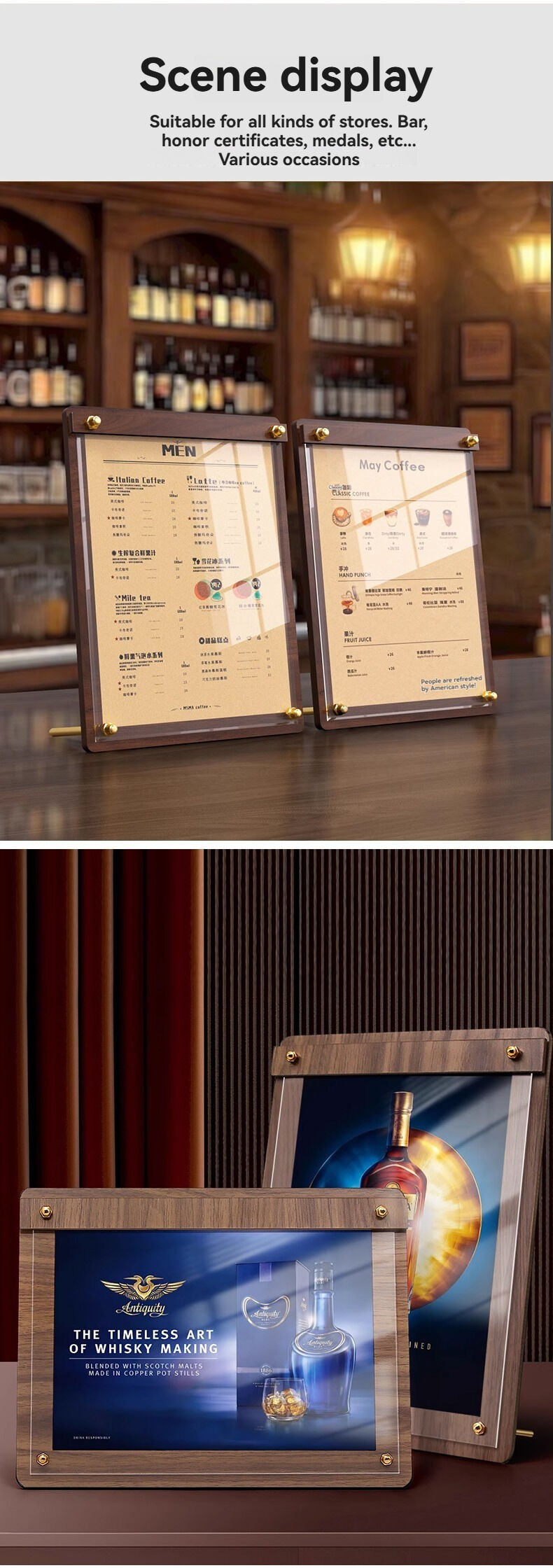 Custom Portable Desktop Walnut Wood Certificate Frame with Clear Acrylic Award Frames and Metal Bracket Menu Sign Holder supplier