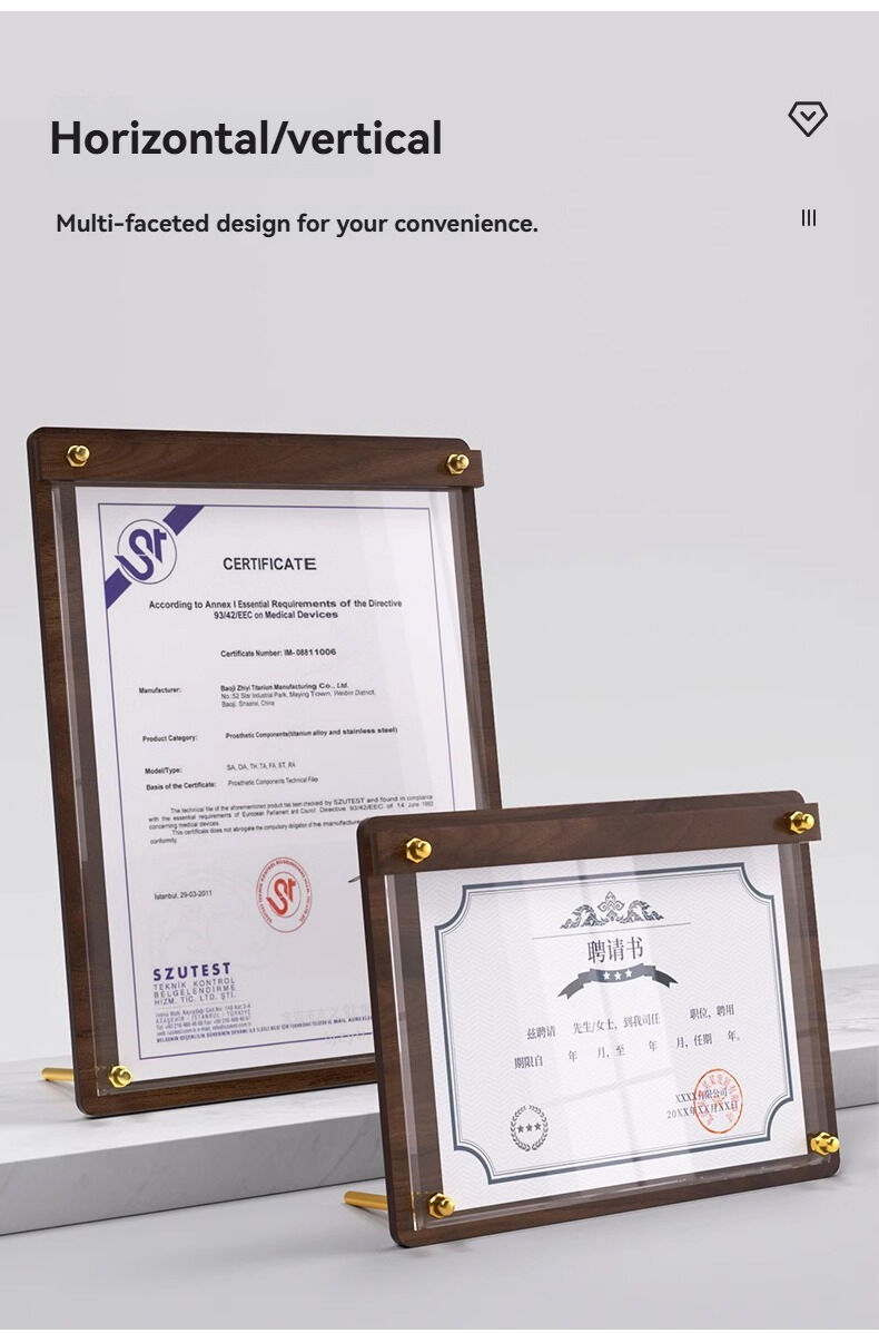 Custom Portable Desktop Walnut Wood Certificate Frame with Clear Acrylic Award Frames and Metal Bracket Menu Sign Holder factory