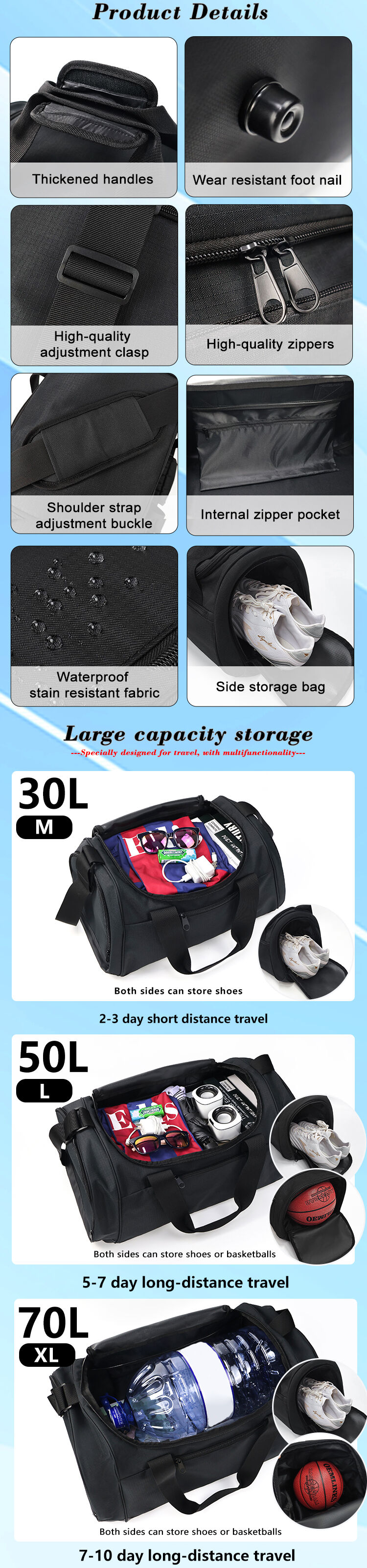 product custom multifunction custom large capacity backpack sport gym bag women men waterproof shoe space duffel travel bag duffle bag-6