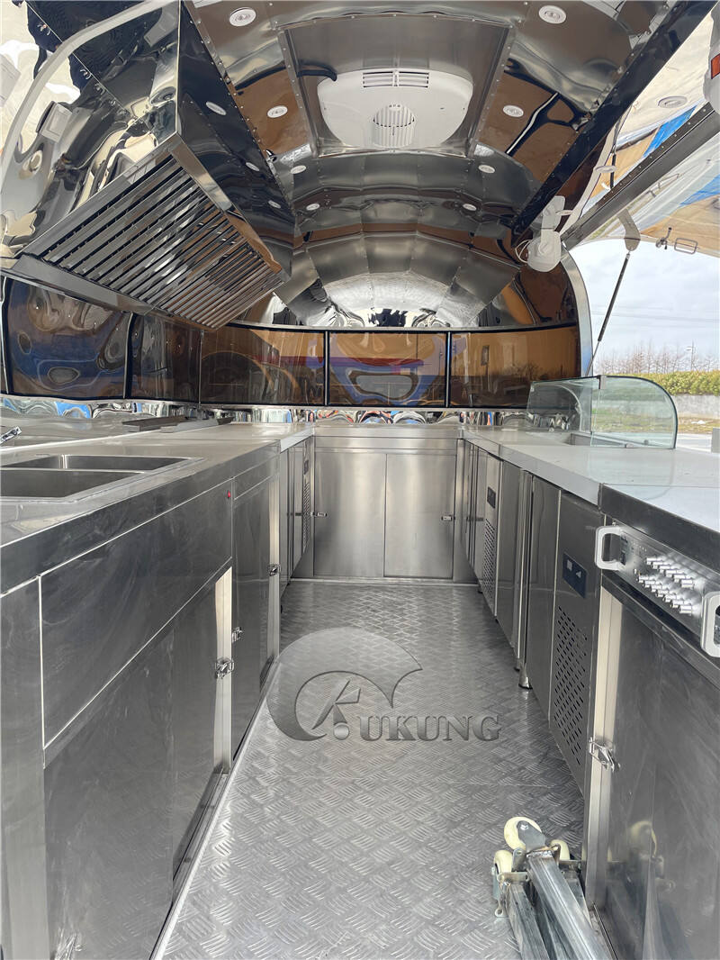 UKUNG vintage airstream style concession food trailer with car painting outside, food trucks equipped with snacks machines supplier