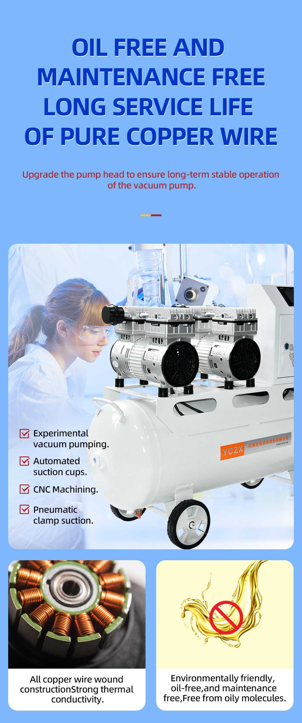 FVN-180V-2 1200 W 220 V 320L/min bomba de vácuo sem óleo de pressão negativa com tanque de ar de 65L para detalhes da máquina de moldagem de borracha