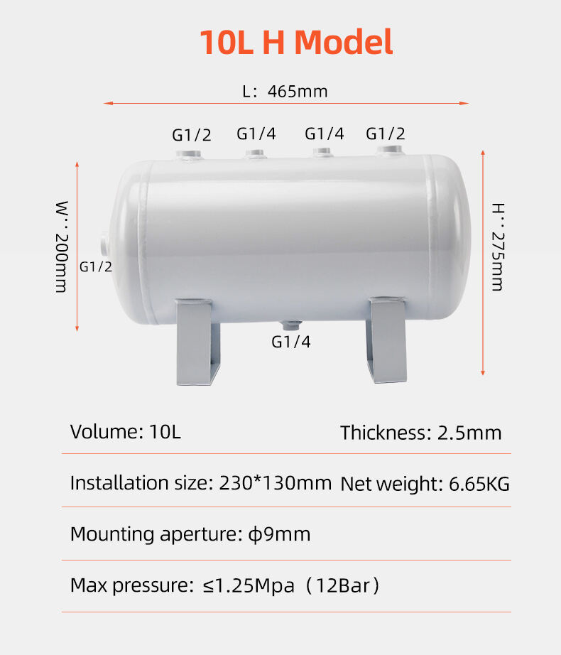 Détails du réservoir d'air de réservoir de stockage d'air horizontal sans soudure en acier au carbone YC-10L-CSH 12bar