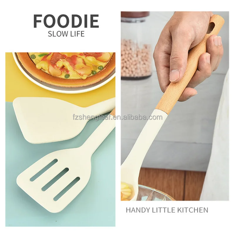 product cookware handle spatula spoons cuisine accessories non stick silicone luxury portable wooden customized novelty eco friendly-4