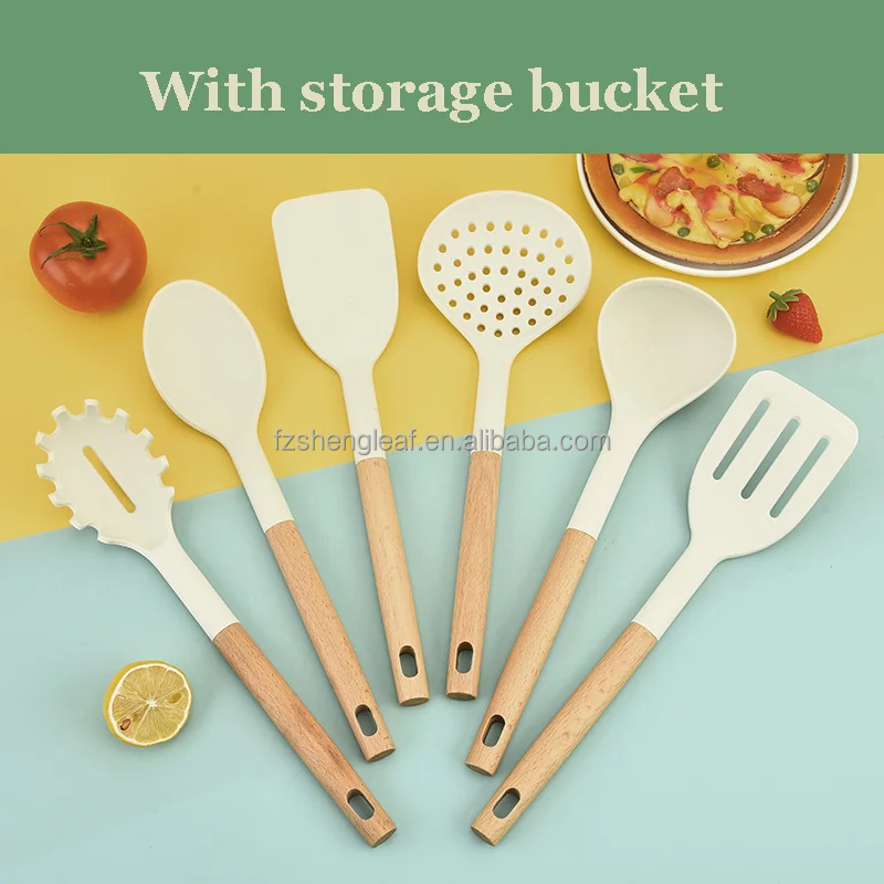 product cookware handle spatula spoons cuisine accessories non stick silicone luxury portable wooden customized novelty eco friendly-1