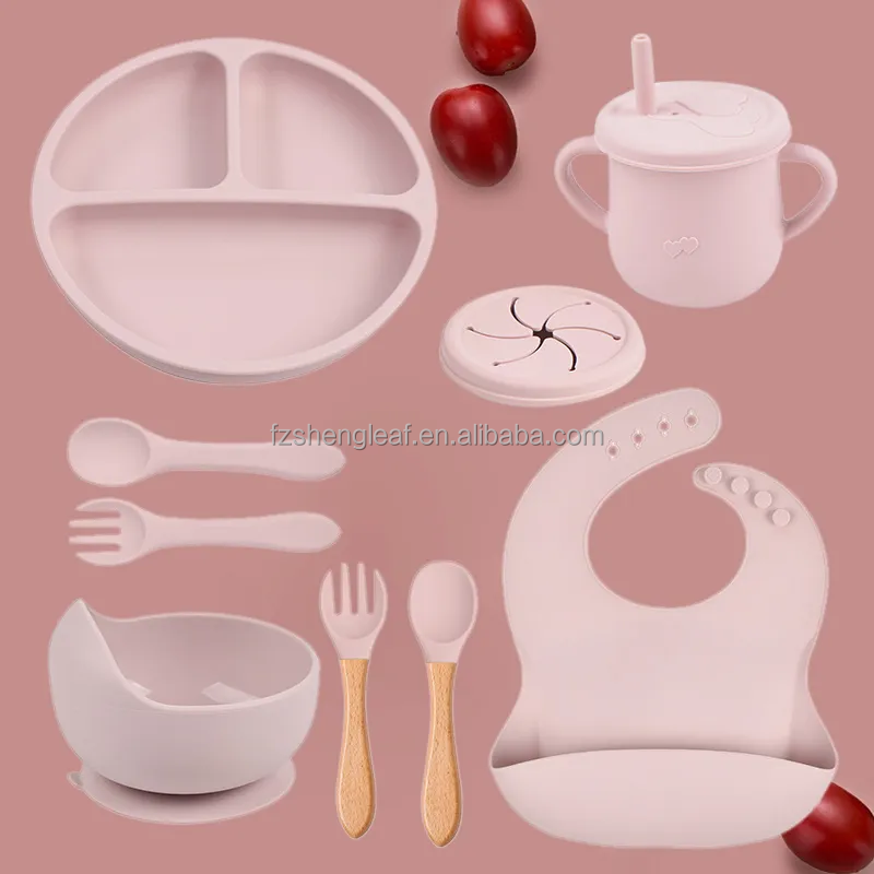 product 5pcs non slip silicone baby feeding tableware set 9pcs children dinner dishes including suction bowl fork bibs kids dining-0