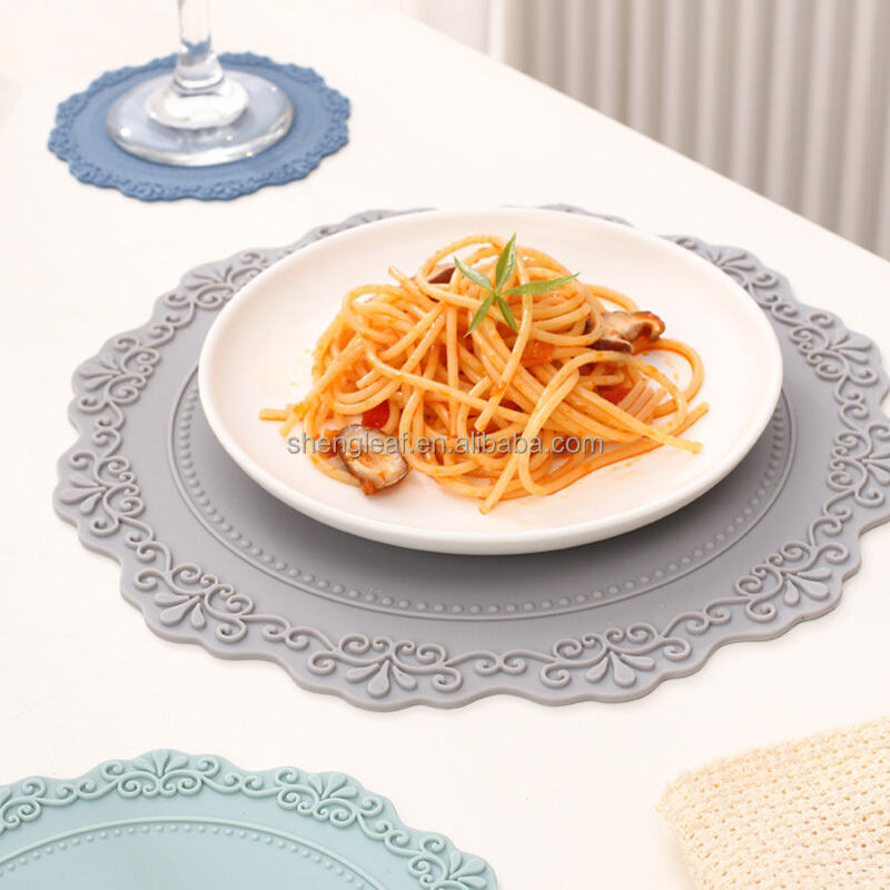 product custom eco friendly heat resistant silicone coasters  place mats with scalloped edge and lace embossed design for dining table-7