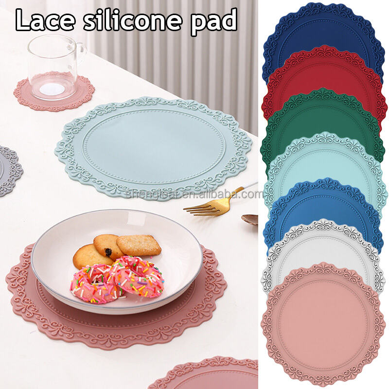 product custom eco friendly heat resistant silicone coasters  place mats with scalloped edge and lace embossed design for dining table-3