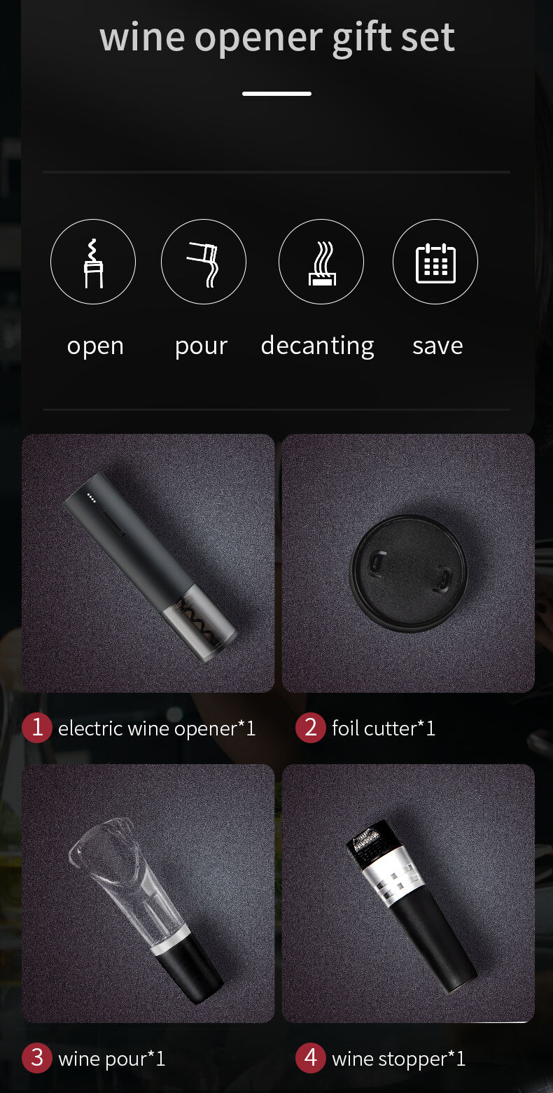 Abridor De Vino Tire Bouchon Electrique a Vin Sacacorchos Electrico Kit Rechargeable Electric Corkscrew Wine Opener Set supplier