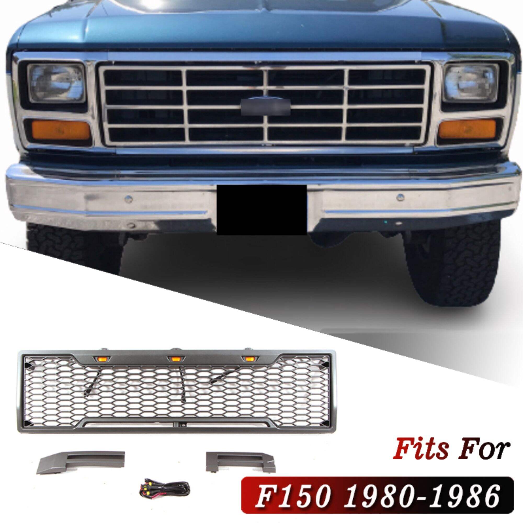 DODD Raptor Style Konversi Bumper Depan Kisi Jaring Hitam dengan LED Cocok untuk 1980-1986 Ford BRONCO F150