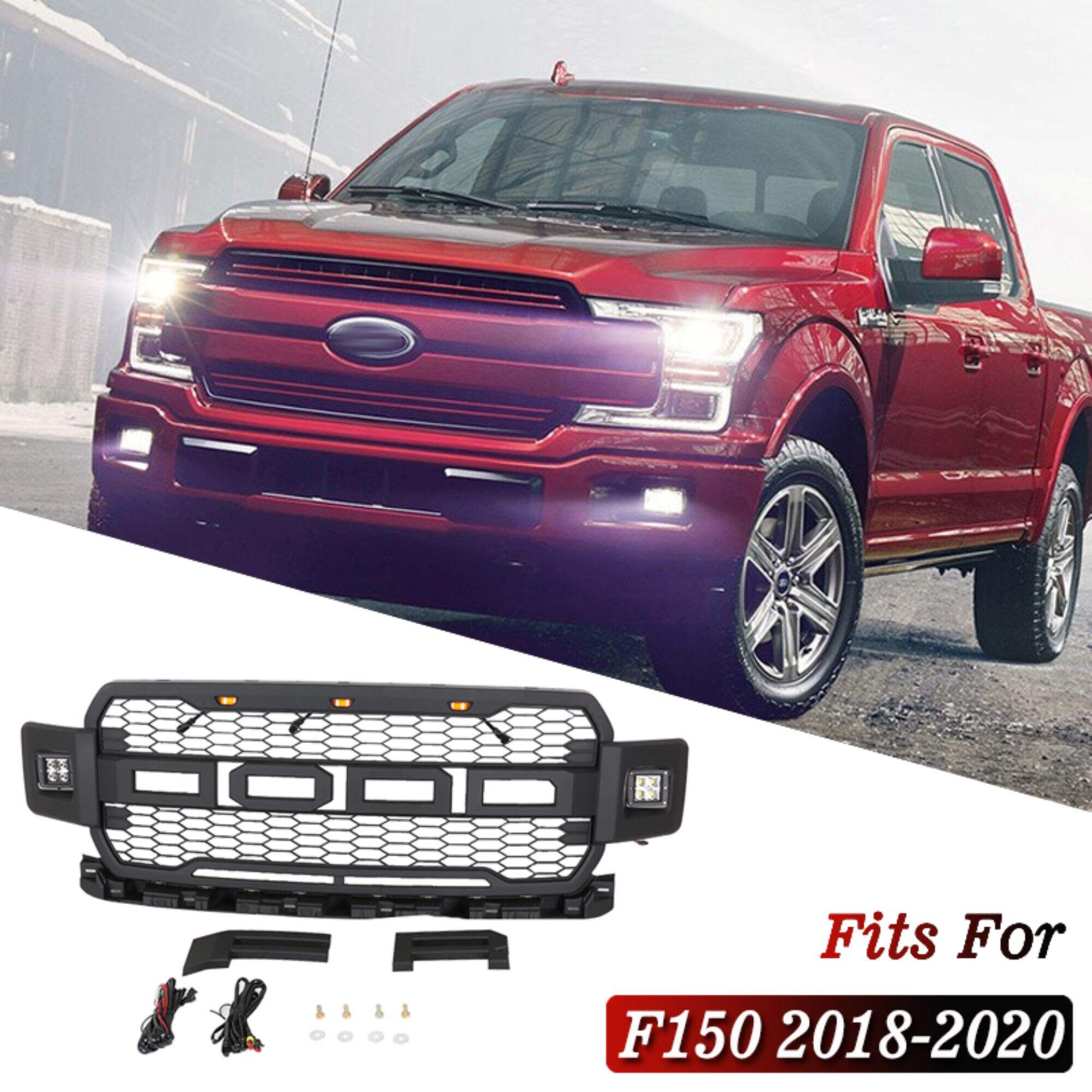 BLACK HONEYCOMB MESH GRILL W/ CAB LED + OFFROAD LIGHTS FIT FOR 2018-2020 FORD F150