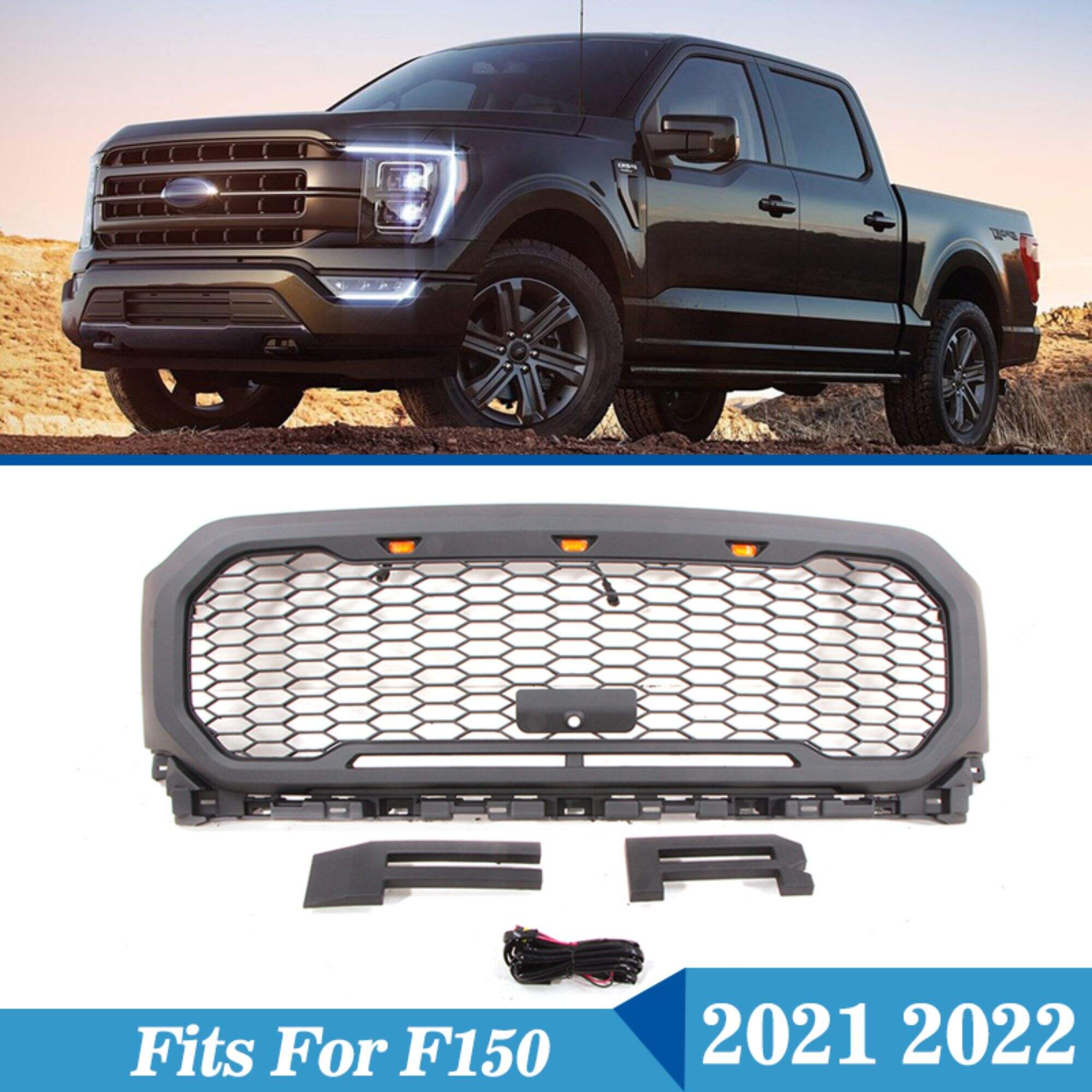 DODD 2021 2022 Šedá přední gril W/LED Amber Fit pro Ford F150