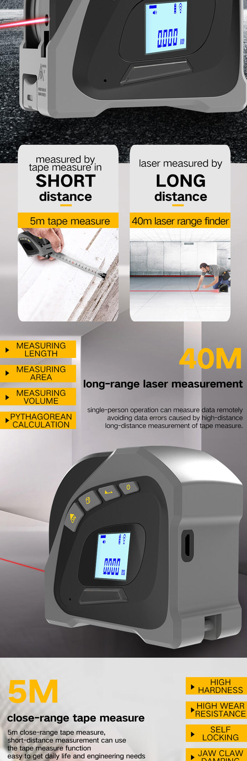 Length,Volume and Area Measuring Rangefinder High Precision 2-In-1 Intelligent Laser Digital Tape Measure with Professional LCD Display supplier