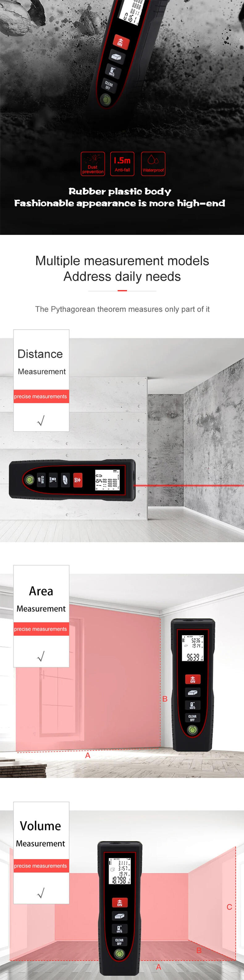 Portable Plastic Laser Distance Meter Ruler Detector Digital Fog-ing Meter Measuring Length/Area/Volume/Distance/Pythagoras Calculation Range factory