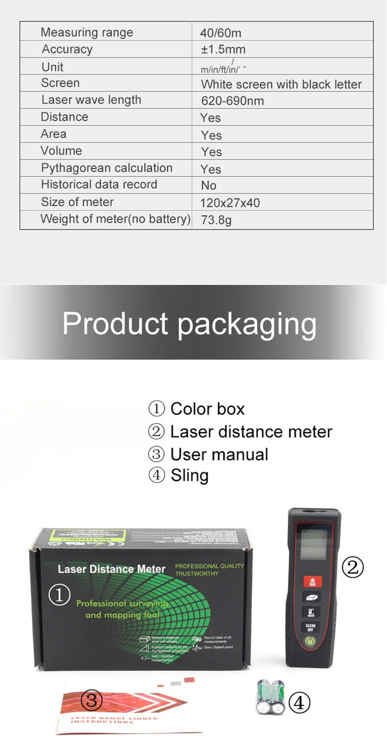 Portable Plastic Laser Distance Meter Ruler Detector Digital Fog-ing Meter Measuring Length/Area/Volume/Distance/Pythagoras Calculation Range factory