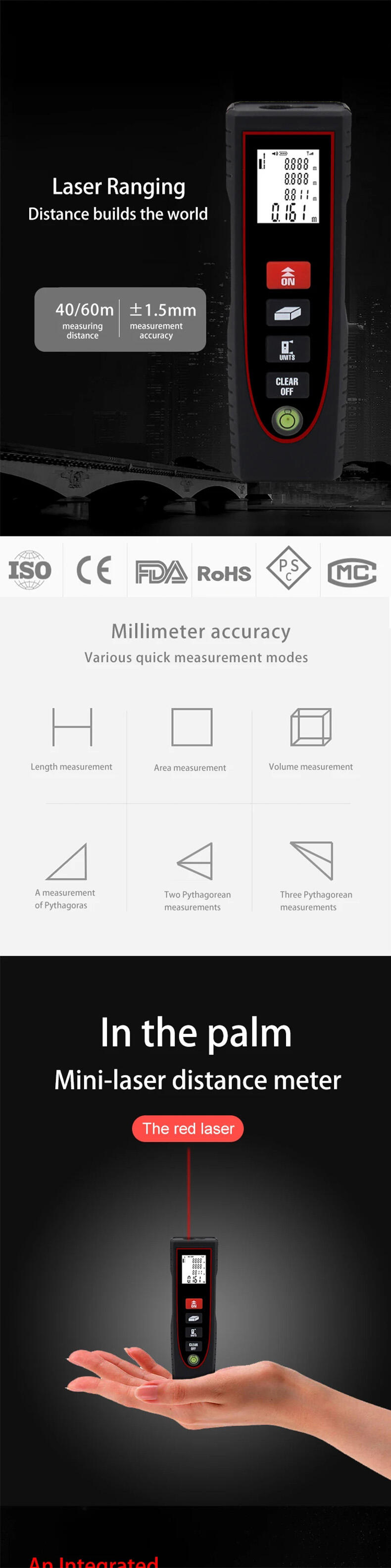 Portable Plastic Laser Distance Meter Ruler Detector Digital Fog-ing Meter Measuring Length/Area/Volume/Distance/Pythagoras Calculation Range details