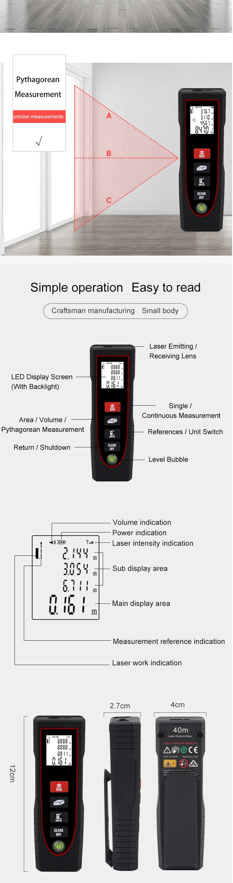 Portable Plastic Laser Distance Meter Ruler Detector Digital Fog-ing Meter Measuring Length/Area/Volume/Distance/Pythagoras Calculation Range supplier