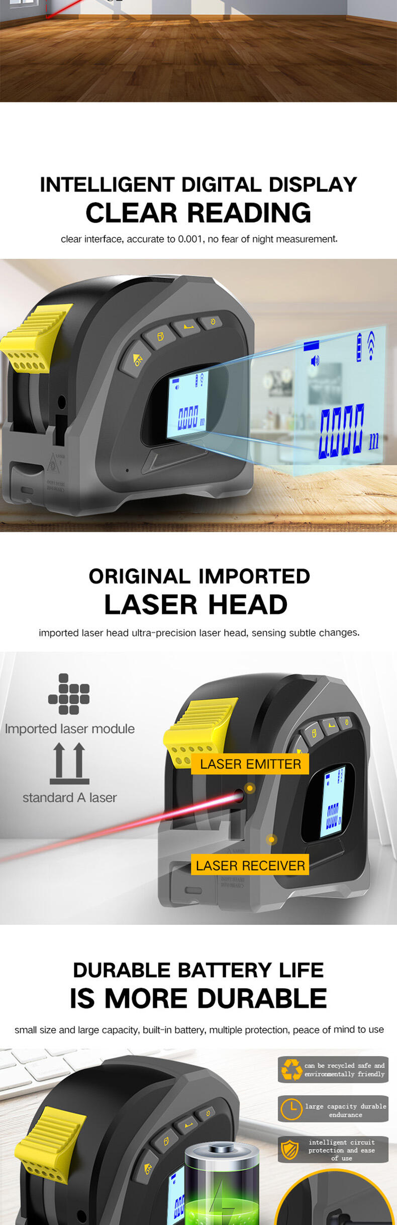 Length,Volume and Area Measuring Rangefinder High Precision 2-In-1 Intelligent Laser Digital Tape Measure with Professional LCD Display factory