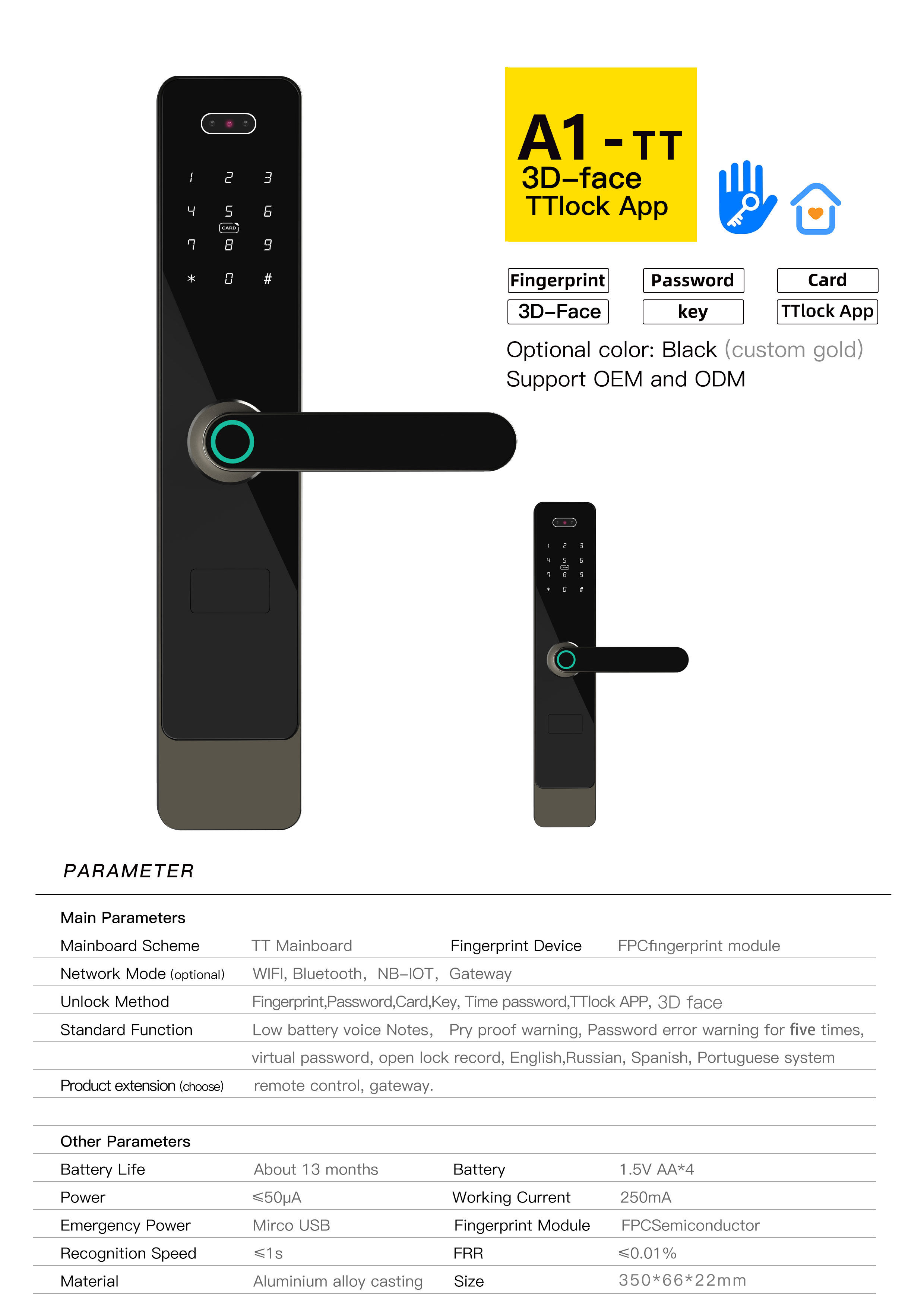 A1-3D TTlock Electronic fingerprint lock password lock wooden door smart lock manufacture