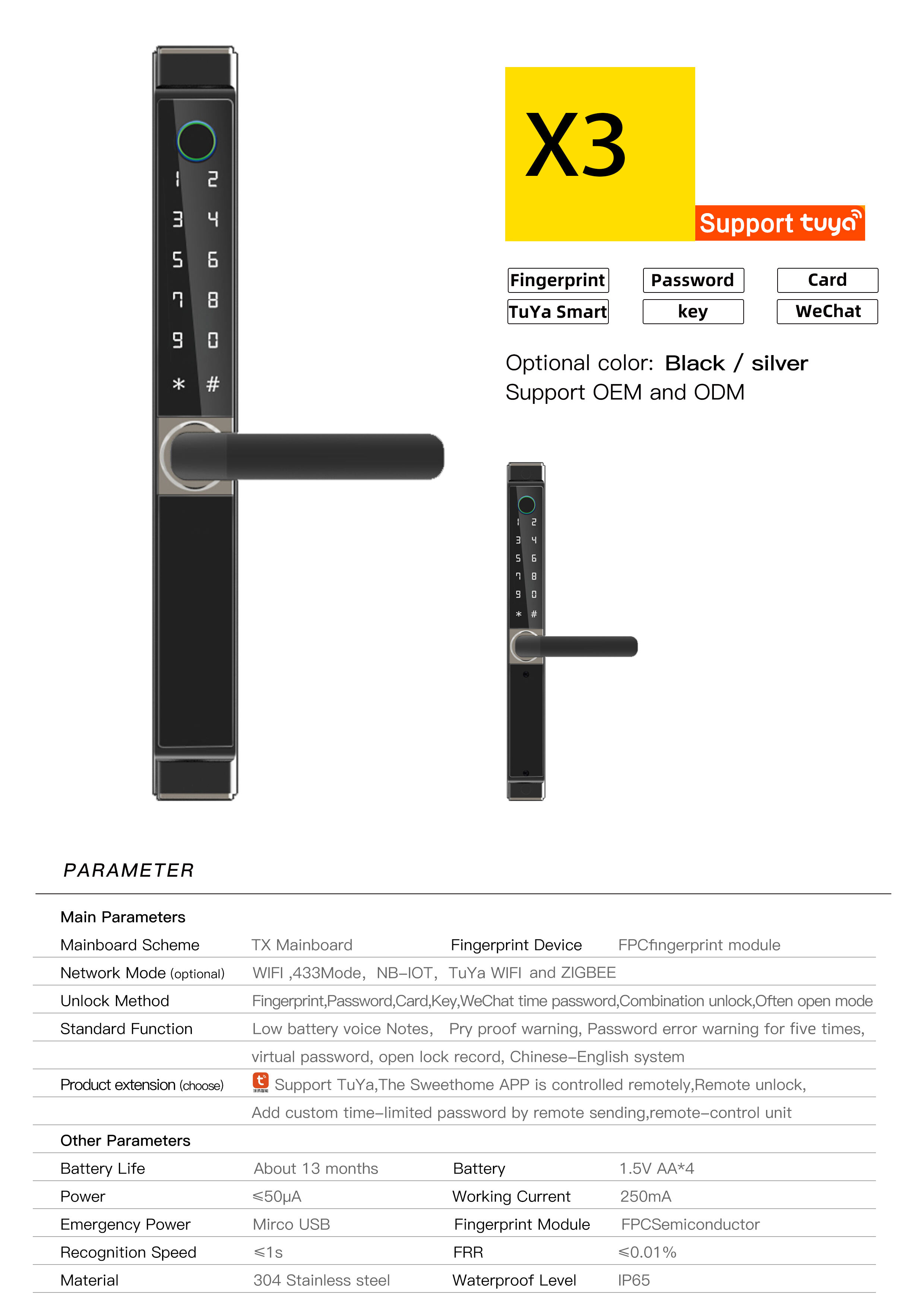 X3 Broken bridge aluminum narrow frame smart door lock TTlock/Tuya smart door lock supplier