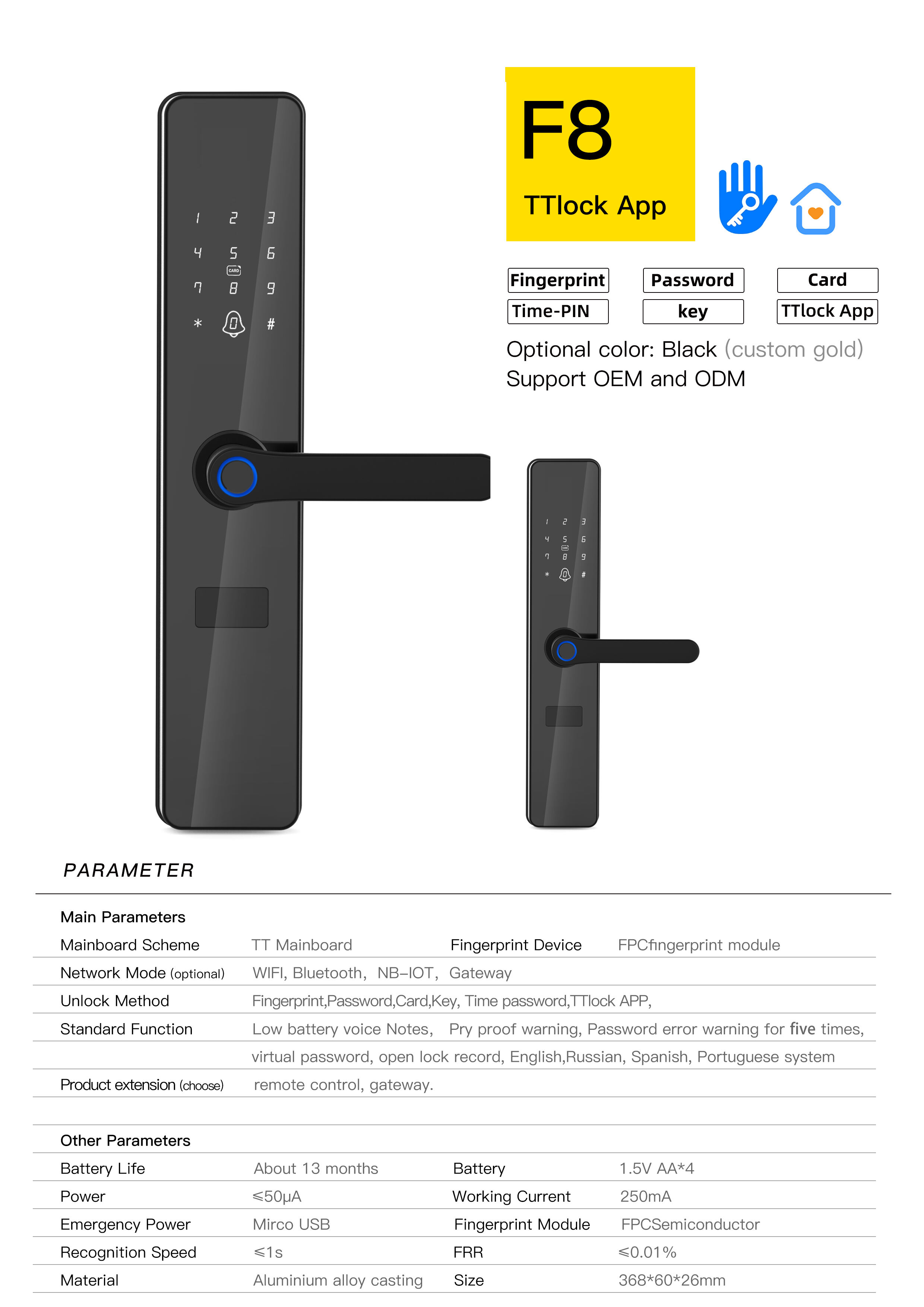 A5 Tuya WIFI /TTlock Household fingerprint code lock electronic swipe card lock wooden door lock supplier