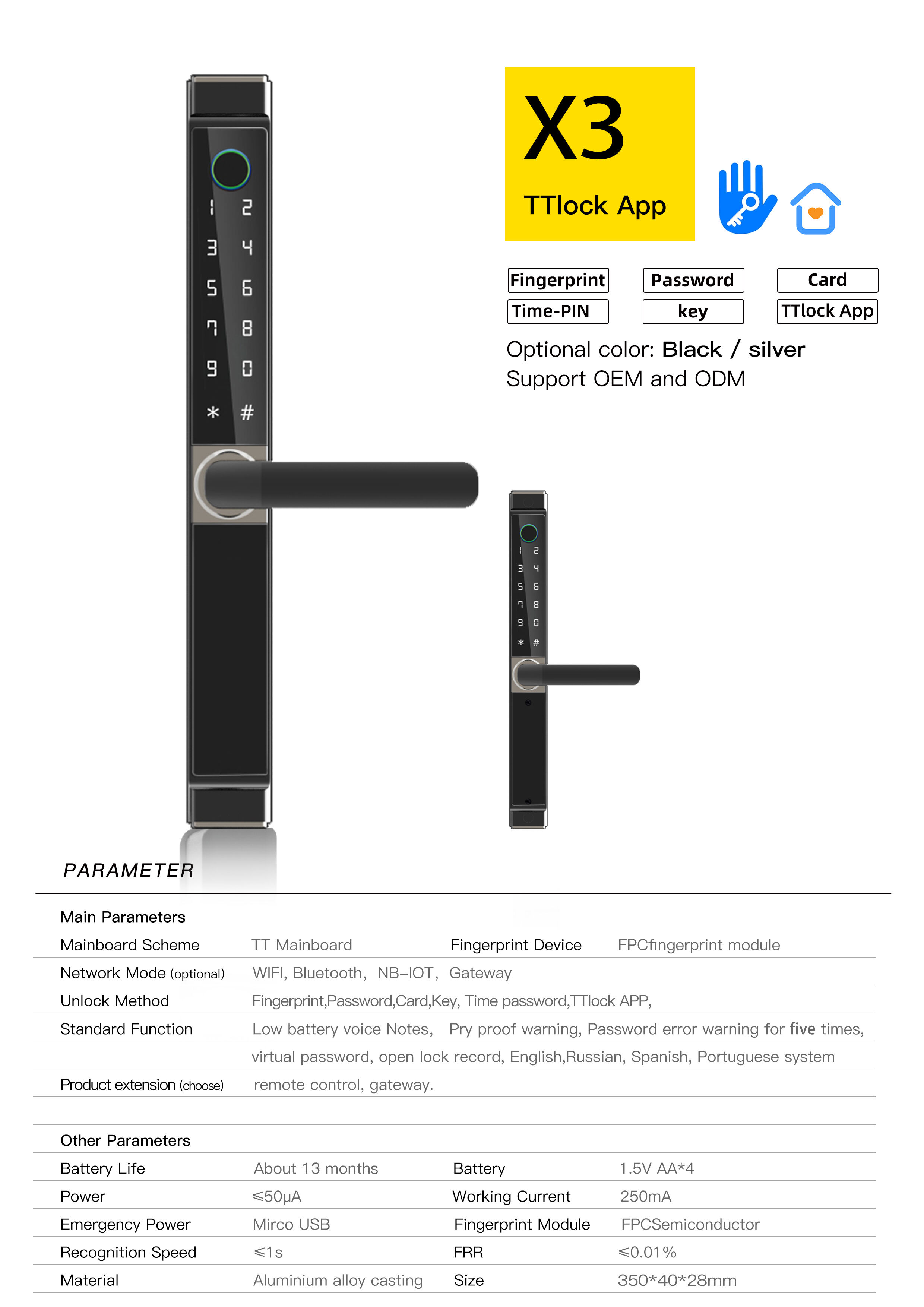 X3 Broken bridge aluminum narrow frame smart door lock TTlock/Tuya smart door lock manufacture