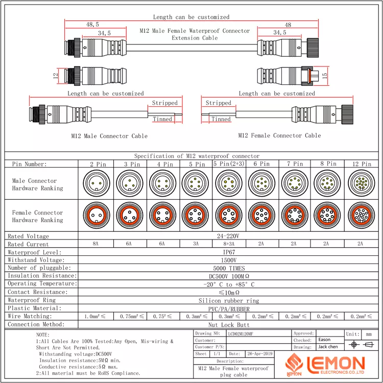 M12 M8 M16 M15 Electric Plug  IP68  IP67 Waterproof 2 3 4 5 6 pin Male to Female  Wire Cable Connector for LED light supplier