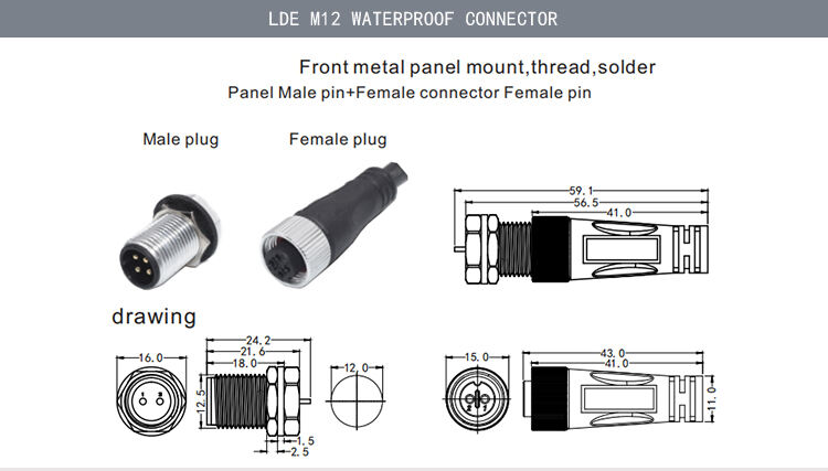 M12 M8 M16 M15 Electric Plug  IP68  IP67 Waterproof 2 3 4 5 6 pin Male to Female  Wire Cable Connector for LED light manufacture